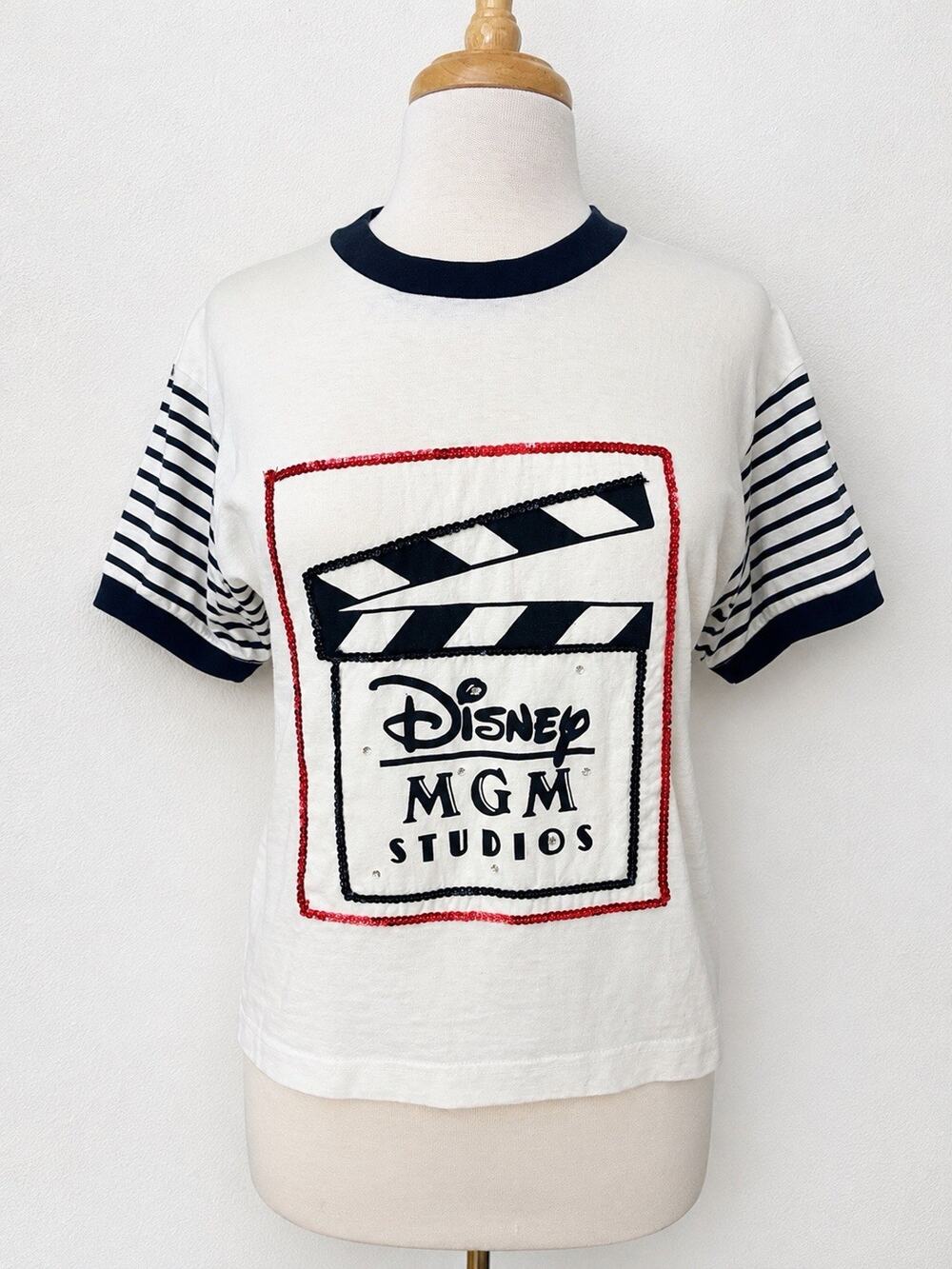 Vintage 1997 Disney MGM Studios T-Shirt Womens Medium White Striped Sequin